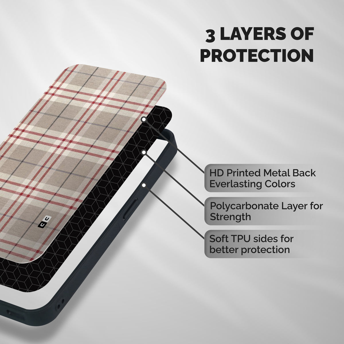 Beige Red Check Shockproof Hybrid Protection (Metal + TPU) Back Case Cover