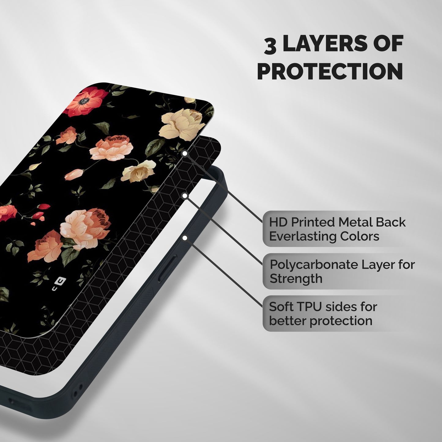 Black Artistic Floral Shockproof Hybrid Protection (Metal + TPU) Back Case Cover