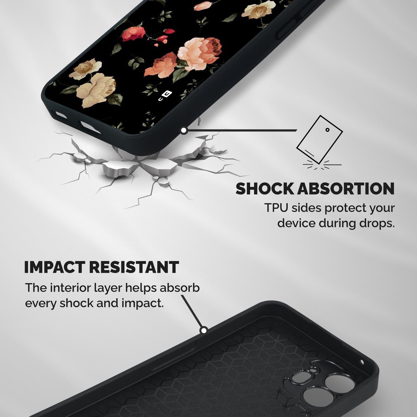 Black Artistic Floral Shockproof Hybrid Protection (Metal + TPU) Back Case Cover