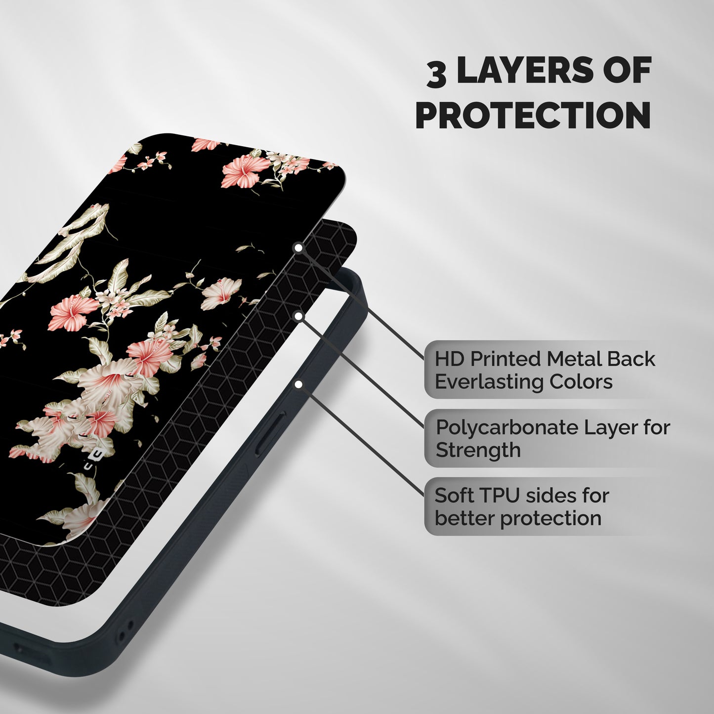 Black Floral Shockproof Hybrid Protection (Metal + TPU) Back Case Cover