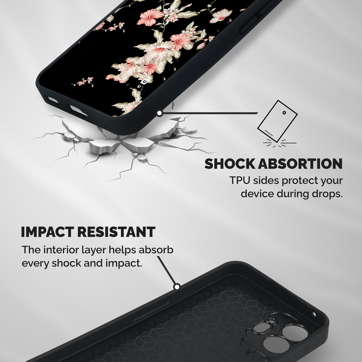 Black Floral Shockproof Hybrid Protection (Metal + TPU) Back Case Cover