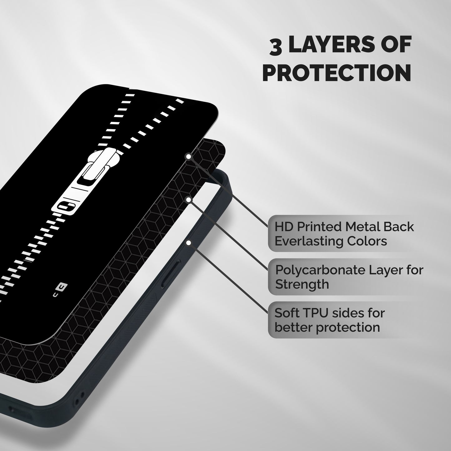 Black Zipper Shockproof Hybrid Protection (Metal + TPU) Back Case Cover