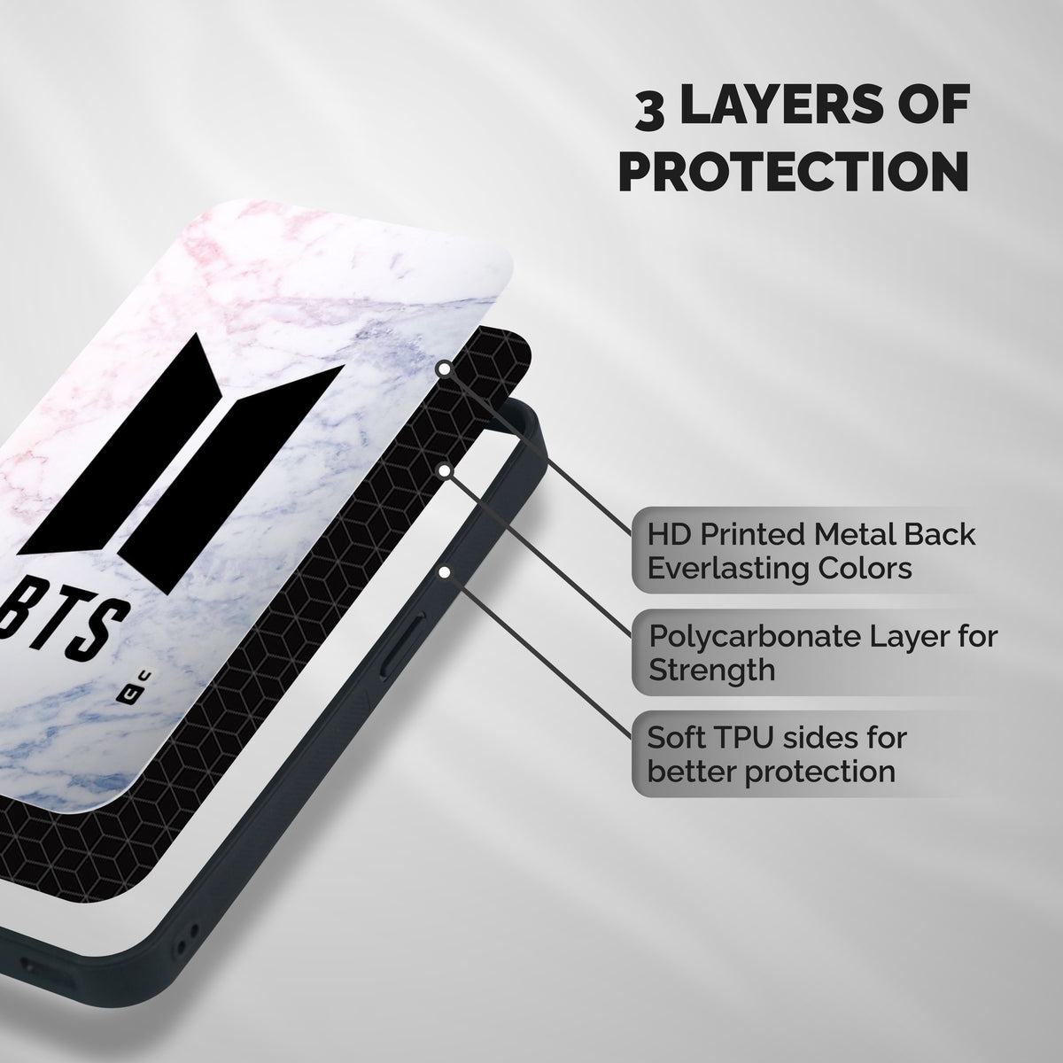 BTS Logo Marble Print Shockproof Hybrid Protection (Metal + TPU) Back Case Cover