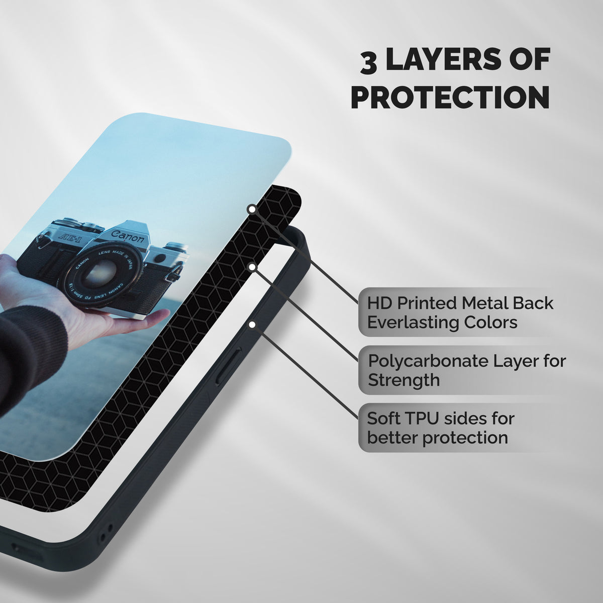 Camera in Hand Shockproof Hybrid Protection (Metal + TPU) Back Case Cover