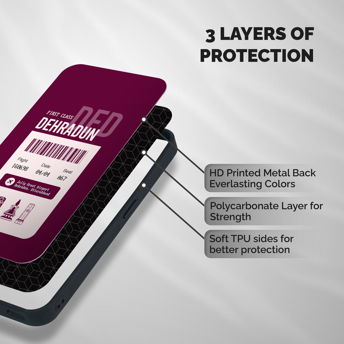 Dehradun Boarding Pass Shockproof Hybrid Protection (Metal + TPU) Back Case Cover
