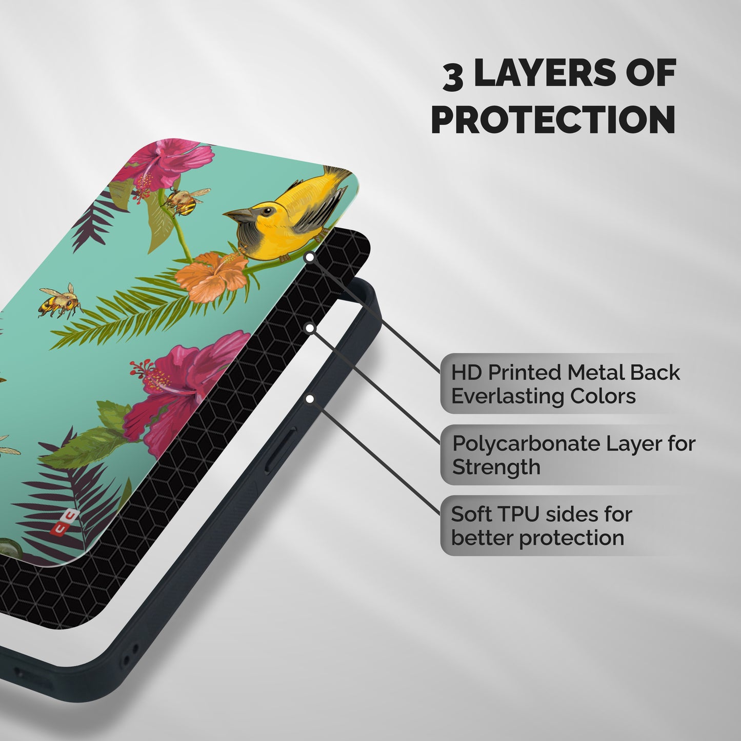 Flower Bird and Bee Shockproof Hybrid Protection (Metal + TPU) Back Case Cover