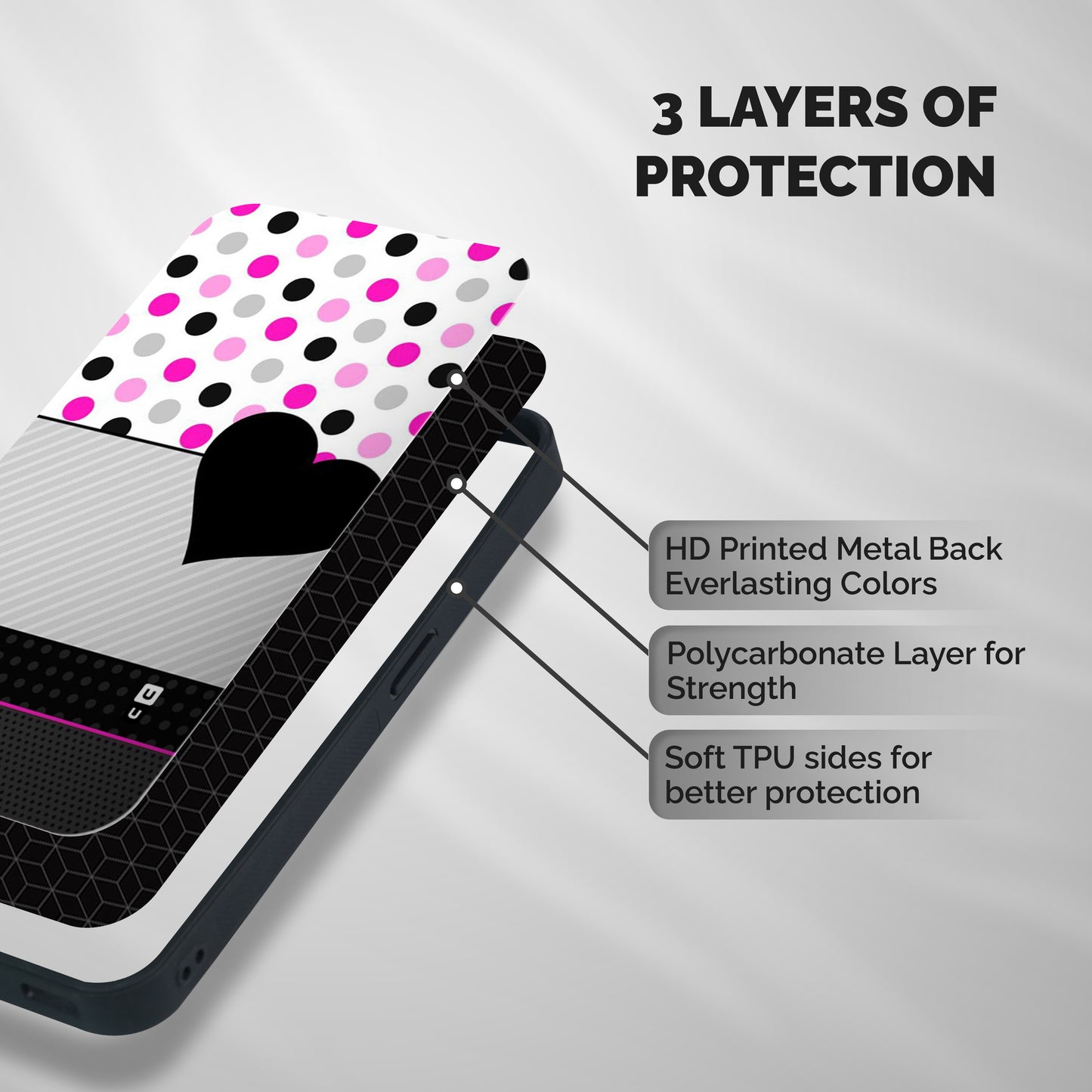 Heart Polka Stripes Shockproof Hybrid Protection (Metal + TPU) Back Case Cover