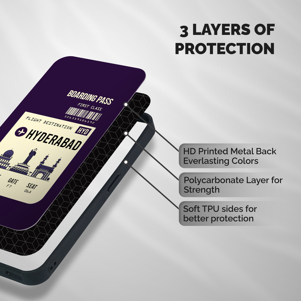 Hyderabad Boarding Pass Shockproof Hybrid Protection (Metal + TPU) Back Case Cover
