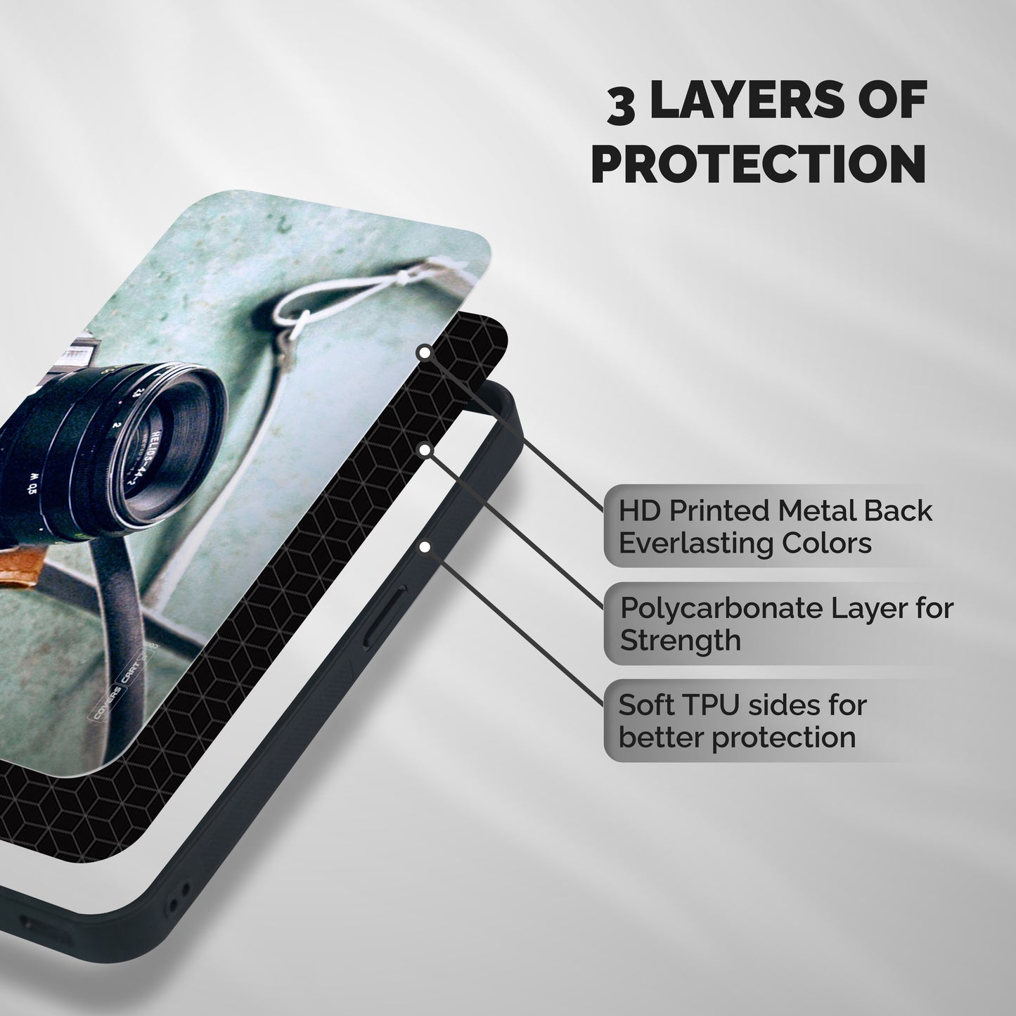 Leather Camera Lens Shockproof Hybrid Protection (Metal + TPU) Back Case Cover