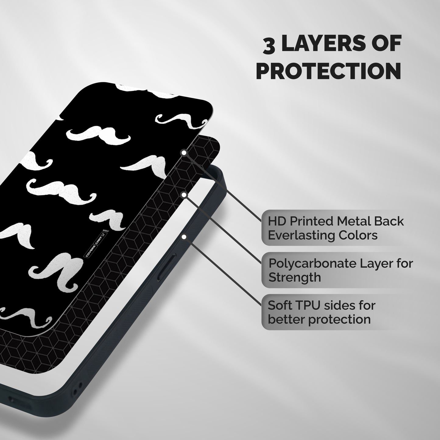 Moustache Pattern (White) Shockproof Hybrid Protection (Metal + TPU) Back Case Cover