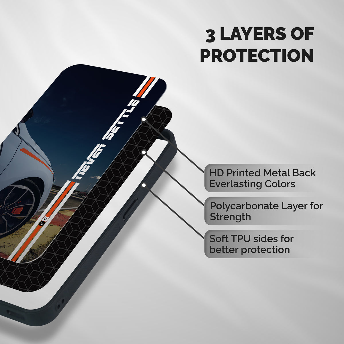 Never Settle SuperCar Shockproof Hybrid Protection (Metal + TPU) Back Case Cover