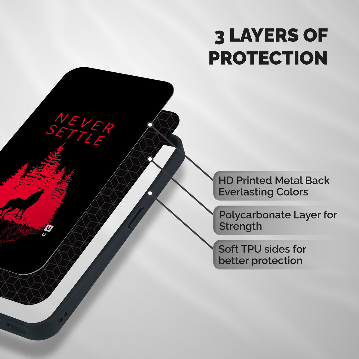 Never Settle Wolf Shockproof Hybrid Protection (Metal + TPU) Back Case Cover
