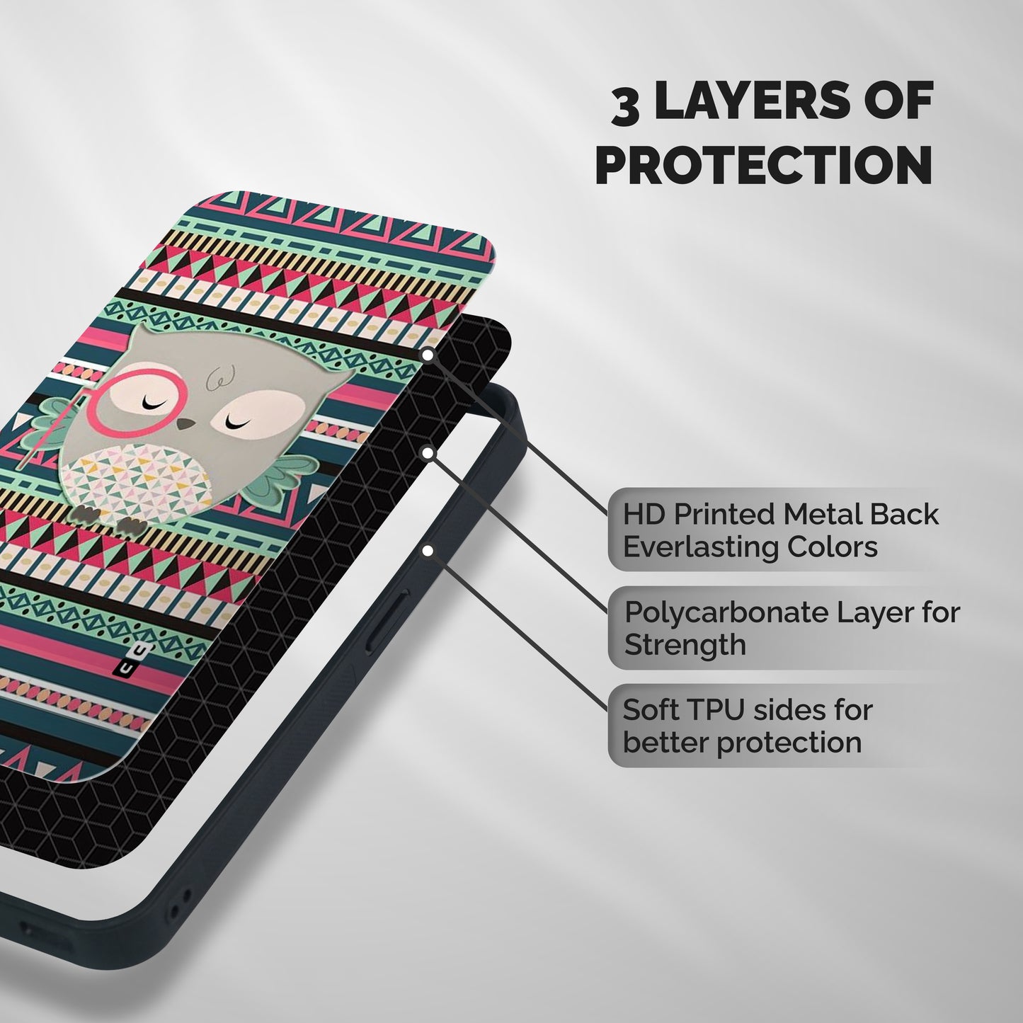 Owl Cute Pattern Shockproof Hybrid Protection (Metal + TPU) Back Case Cover