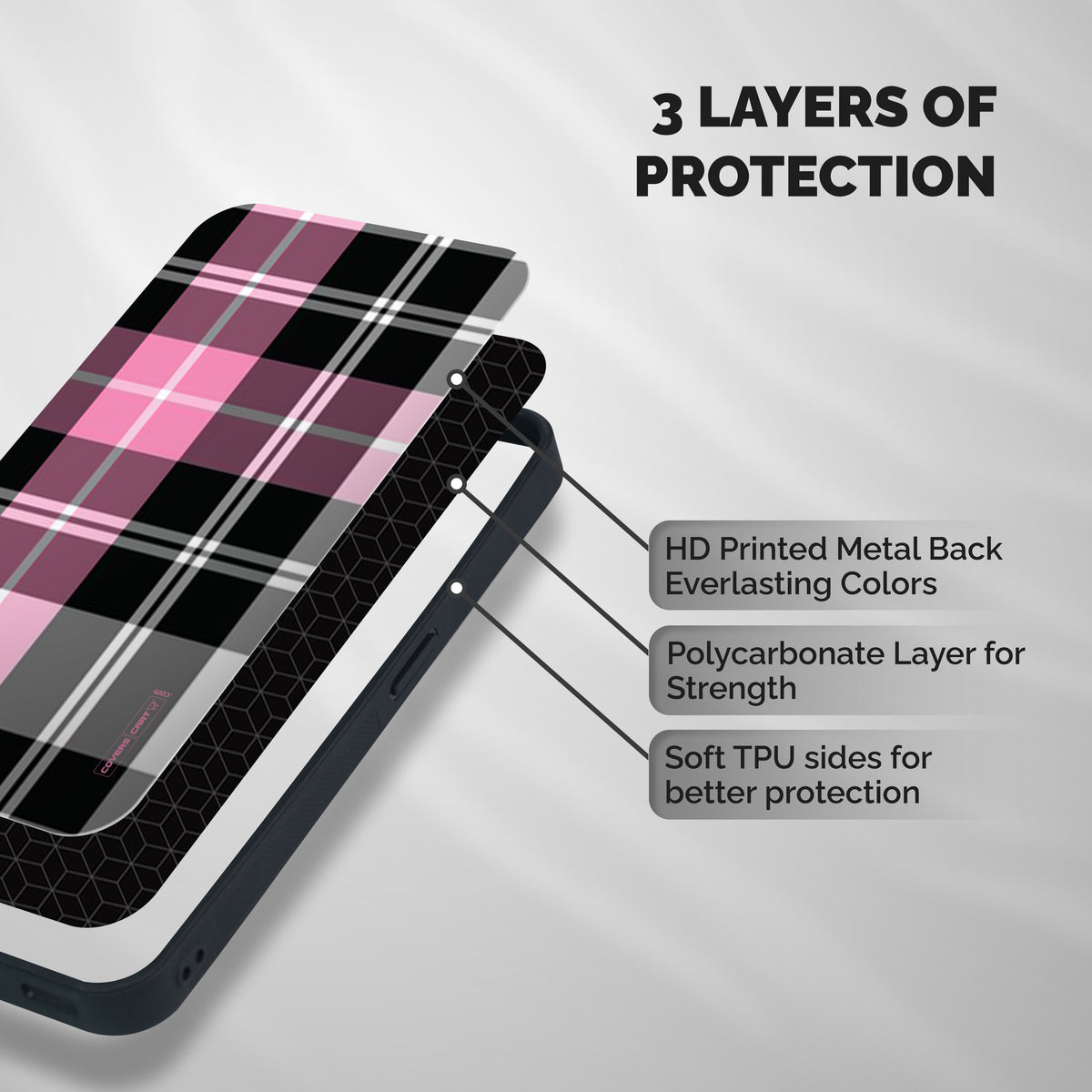 Pink Black Check Shockproof Hybrid Protection (Metal + TPU) Back Case Cover