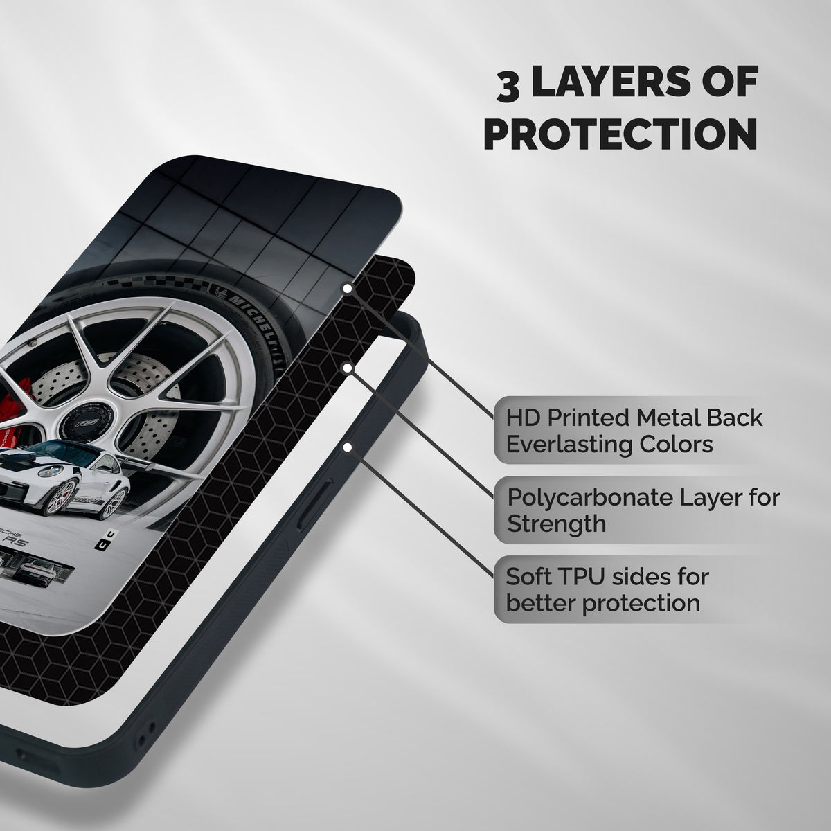 Porsche GT3 RS Shockproof Hybrid Protection (Metal + TPU) Back Case Cover