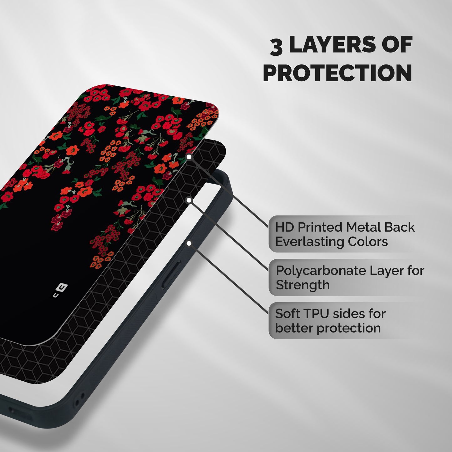 Red Floral Pattern Shockproof Hybrid Protection (Metal + TPU) Back Case Cover