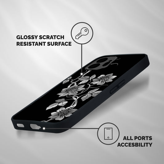 Silver Grey Flowers Shockproof Hybrid Protection (Metal + TPU) Back Case Cover