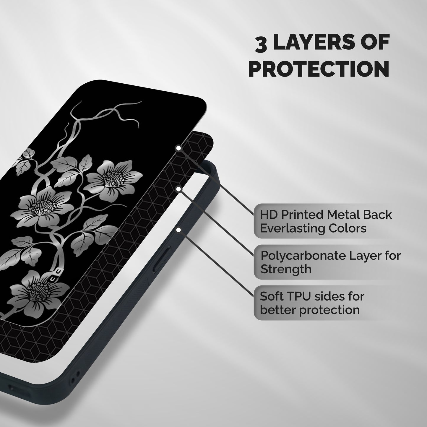 Silver Grey Flowers Shockproof Hybrid Protection (Metal + TPU) Back Case Cover