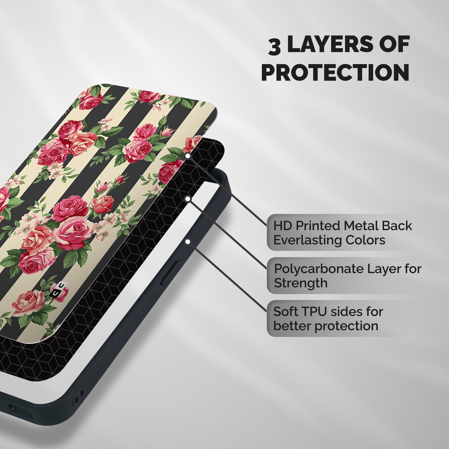 Stripes And Floral Shockproof Hybrid Protection (Metal + TPU) Back Case Cover
