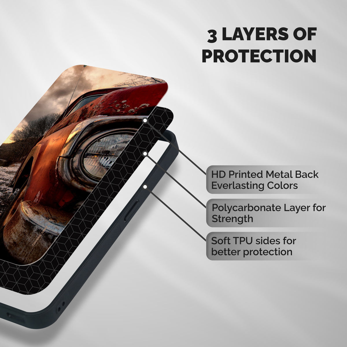 Vintage Car Headlight Shockproof Hybrid Protection (Metal + TPU) Back Case Cover