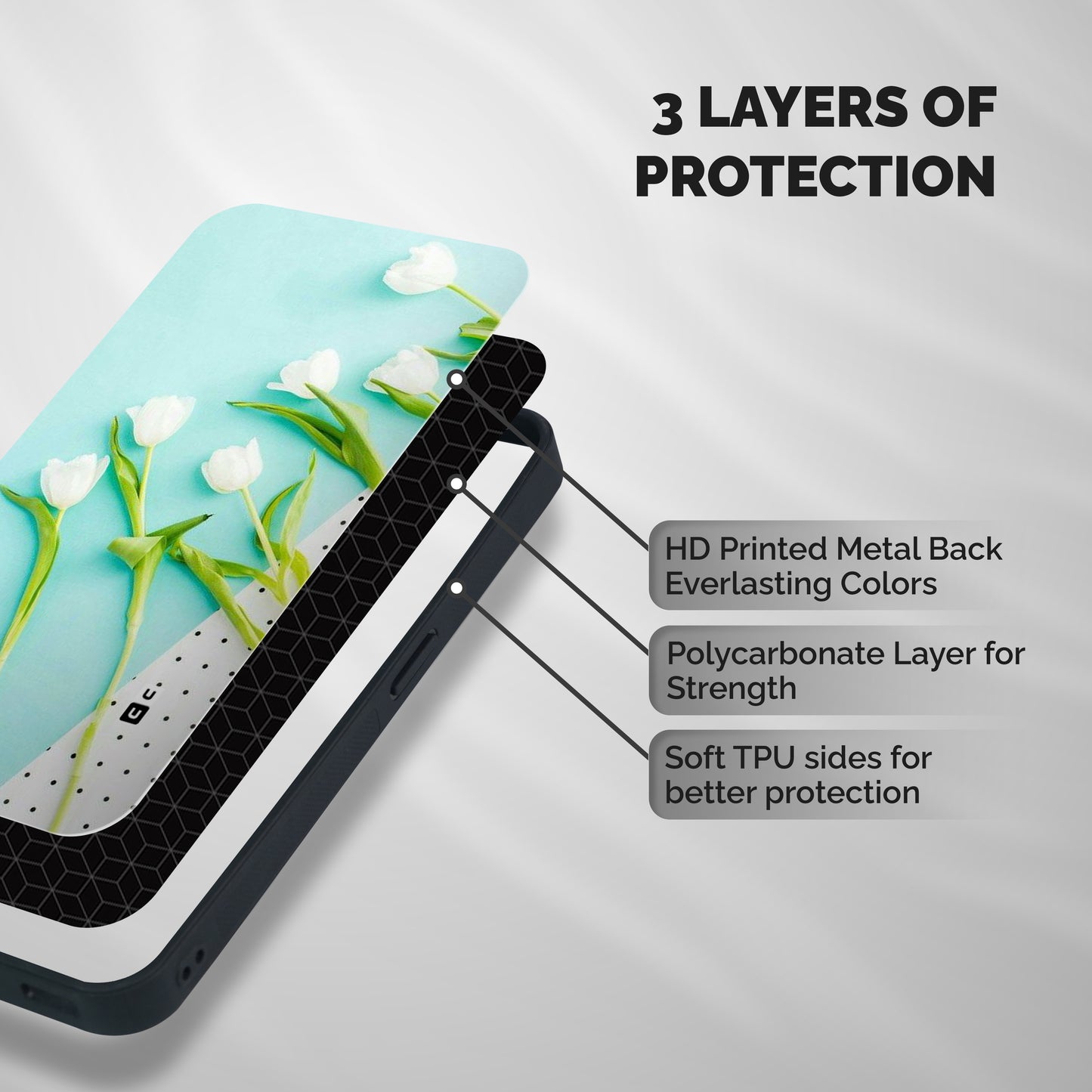 White Tulips Shockproof Hybrid Protection (Metal + TPU) Back Case Cover