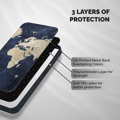 World Map Blue Gold Shockproof Hybrid Protection (Metal + TPU) Back Case Cover