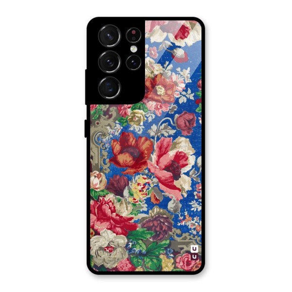 Block Printed Flowers Glass Back Case for Galaxy S21 Ultra 5G