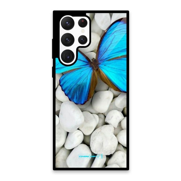 Blue Butterfly Glass Back Case for Galaxy S22 Ultra 5G