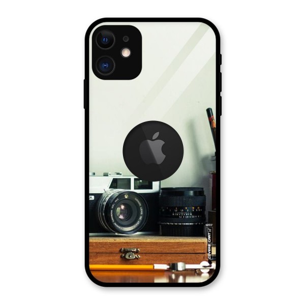 Photographer Desk Glass Back Case for iPhone 11 Logo Cut