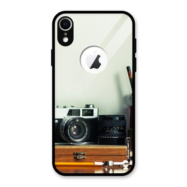 Photographer Desk Glass Back Case for iPhone XR Logo Cut