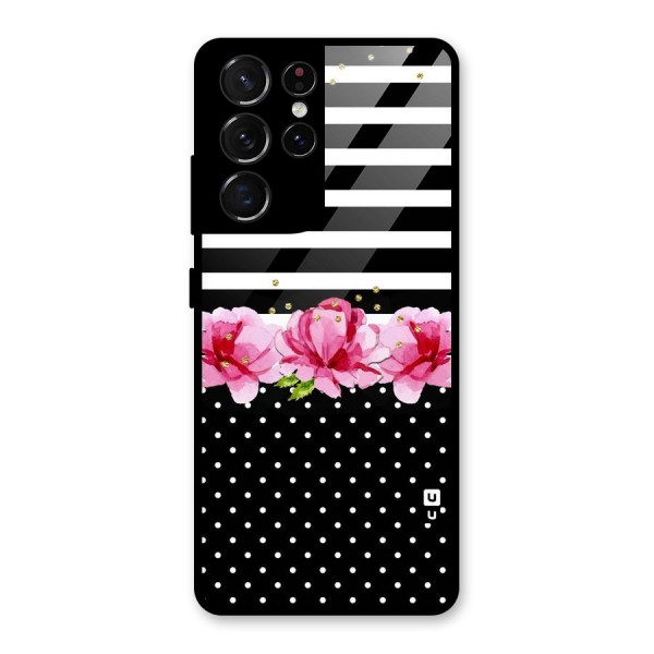 Polka Floral Stripes Glass Back Case for Galaxy S21 Ultra 5G