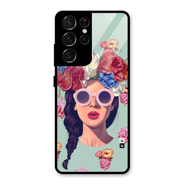 Pretty Girl Florals Illustration Art Glass Back Case for Galaxy S21 Ultra 5G