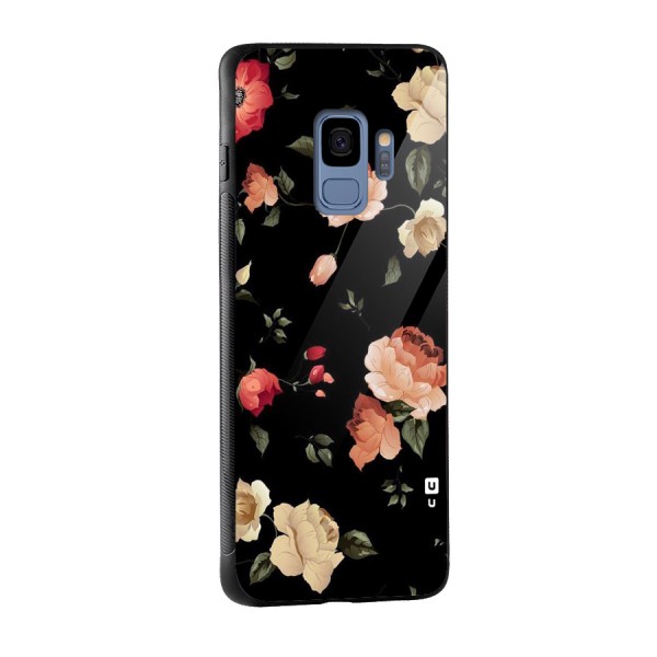 Black Artistic Floral Glass Back Case for Galaxy S9