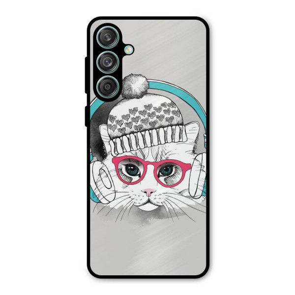 Cat Headphones Metal Back Case for Galaxy M55 5G