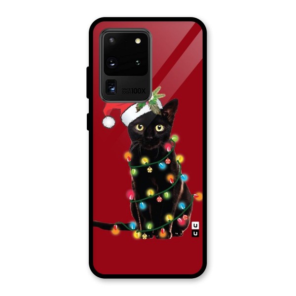 Christmas Cap Cat Glass Back Case for Galaxy S20 Ultra