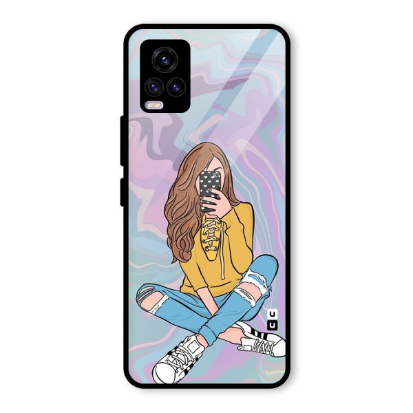 Selfie Girl Illustration Glass Back Case for Vivo V20 2021