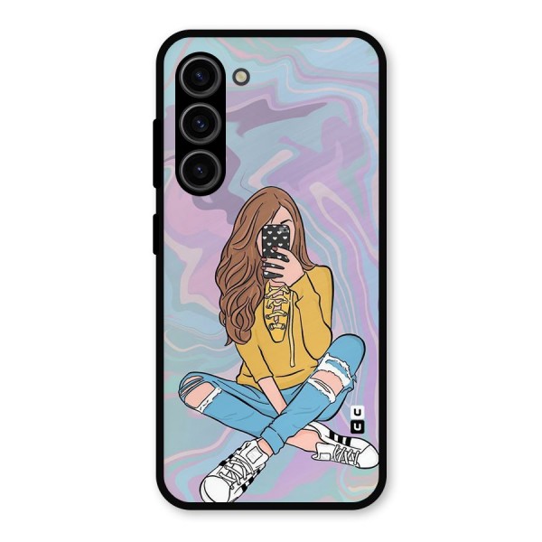 Selfie Girl Illustration Metal Back Case for Galaxy S23
