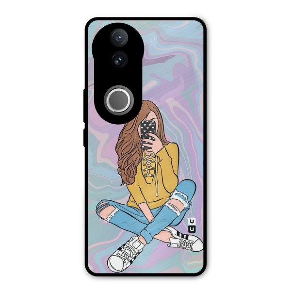Selfie Girl Illustration Metal Back Case for Vivo V50e