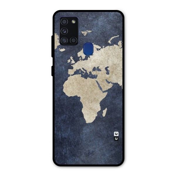 World Map Blue Gold Metal Back Case for Galaxy A21s