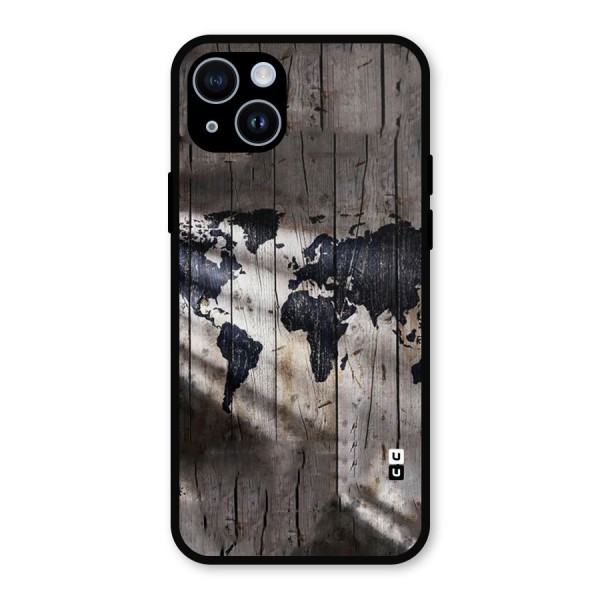 World Map Wood Design Metal Back Case for iPhone 14