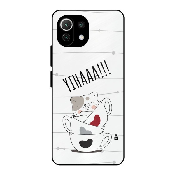 Cute Cat Cup Metal Back Case for Mi 11 Lite