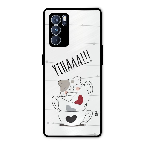 Cute Cat Cup Metal Back Case for Oppo Reno6 Pro 5G