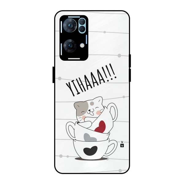 Cute Cat Cup Metal Back Case for Oppo Reno7 Pro 5G