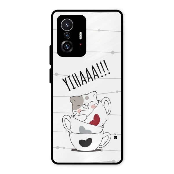 Cute Cat Cup Metal Back Case for Xiaomi 11T Pro