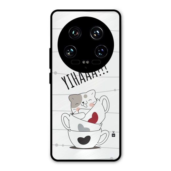Cute Cat Cup Metal Back Case for Xiaomi 14 Ultra