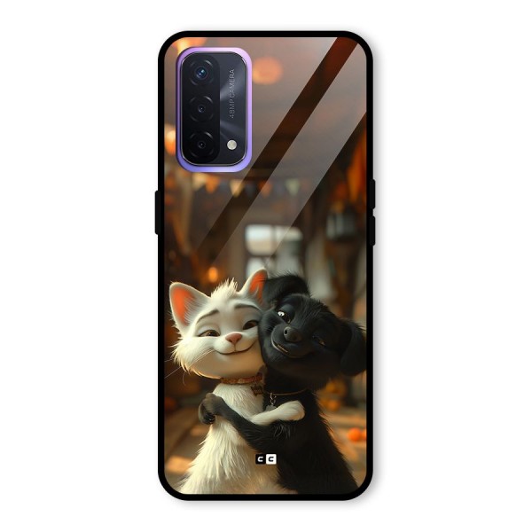Cute Cat Dog Glass Back Case for Oppo A74 5G