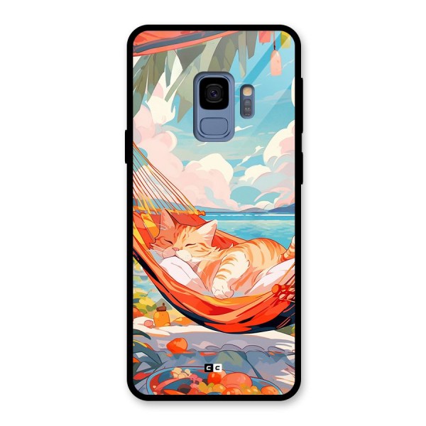 Cute Cat On Beach Glass Back Case for Galaxy S9