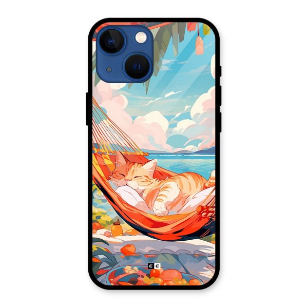 Cute Cat On Beach Glass Back Case for iPhone 13 Mini