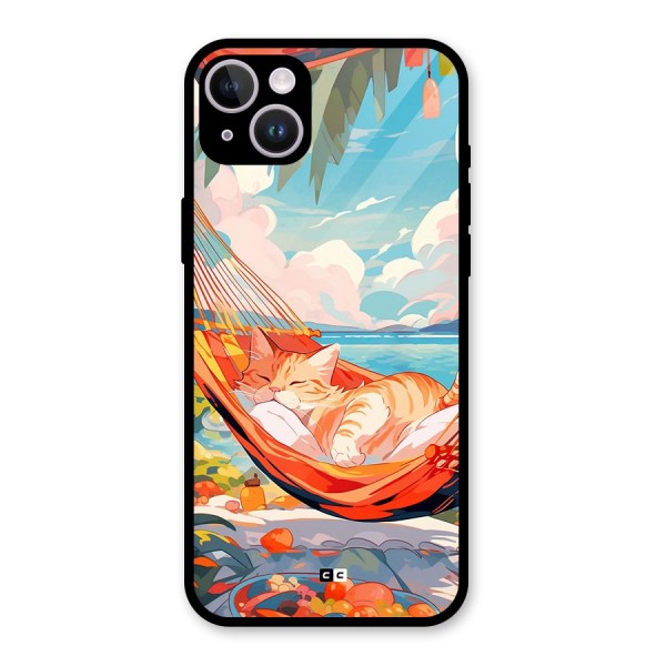 Cute Cat On Beach Glass Back Case for iPhone 14 Plus