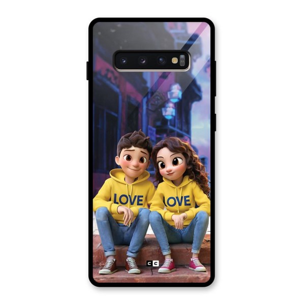 Cute Couple Sitting Glass Back Case for Galaxy S10 Plus